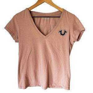 True Religion Women’s Logo Blush Pink Short Sleeve Y2K Glitter T-Shirt Size M